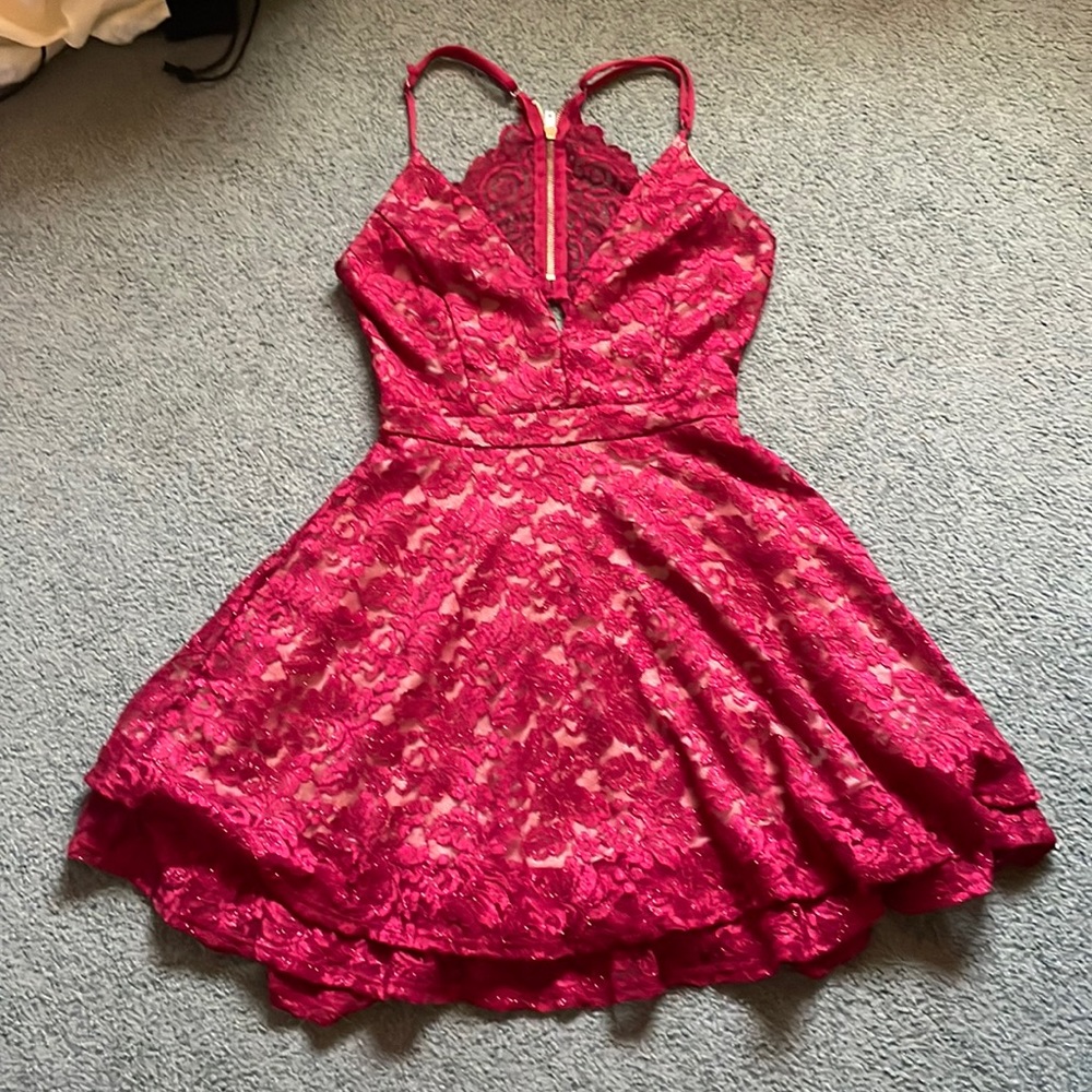 red and nude lace sparkly dress